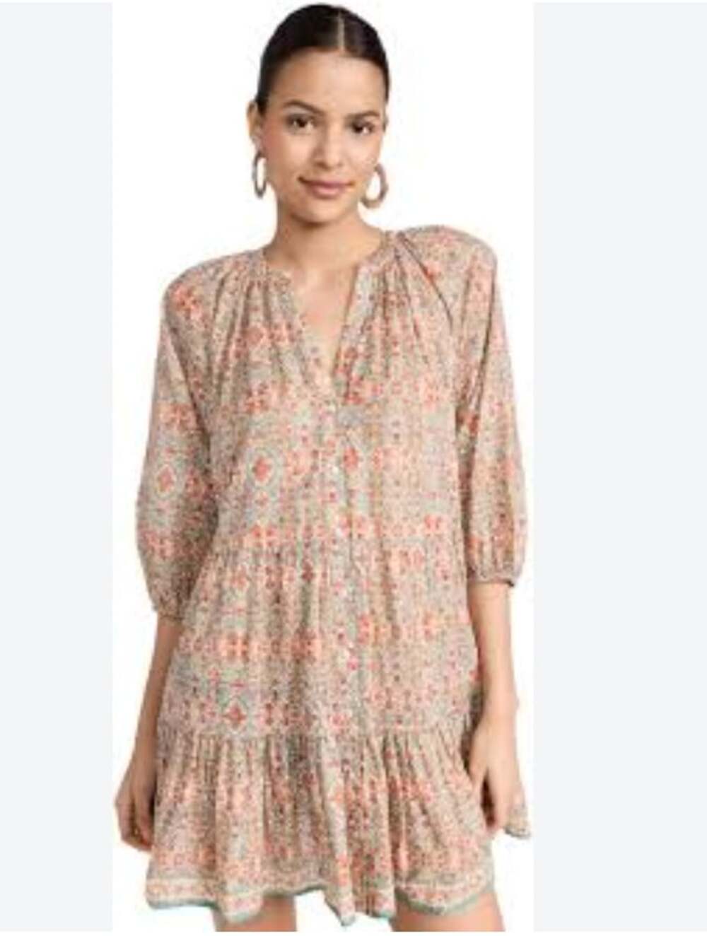 Shoshanna Dress Womens XS Multicolor Geometric Ruffle Hem Puff Sleeve Boho Mini
